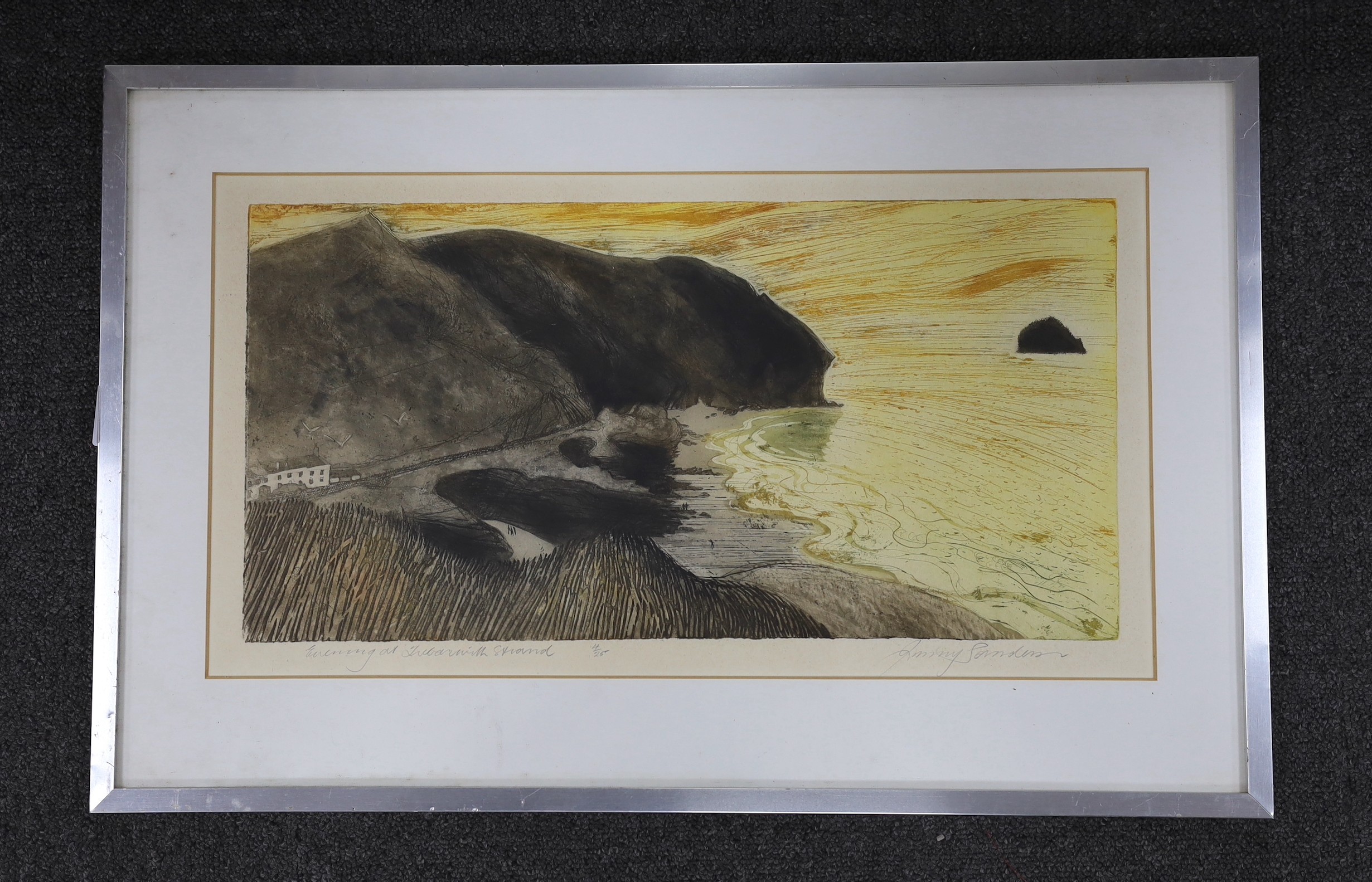 Jenny Sanders, etching, Evening at Trebarwith Strand, signed, 4/25, 23 x 46cm